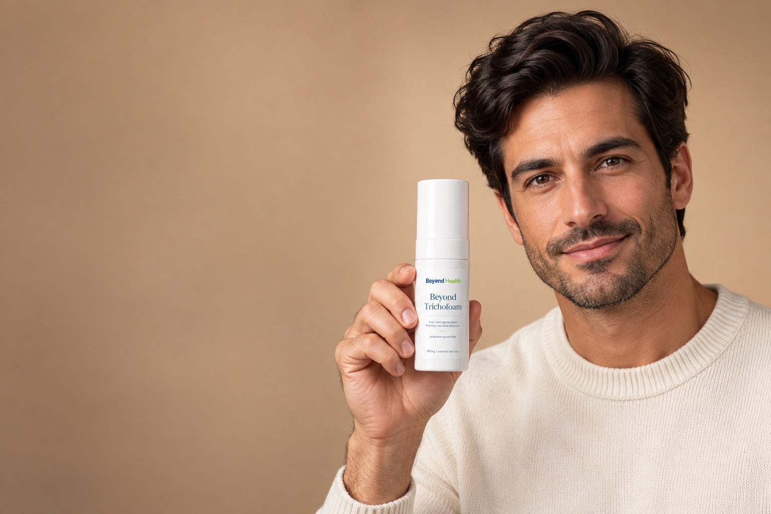 Man holding a bottle of Beyond Trichofoam hair-care foam